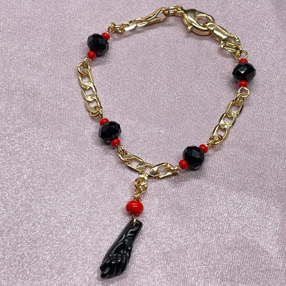 18k Gold Filled Kids Azabache / Onyx Miami Link Bracelet 5.5" Long